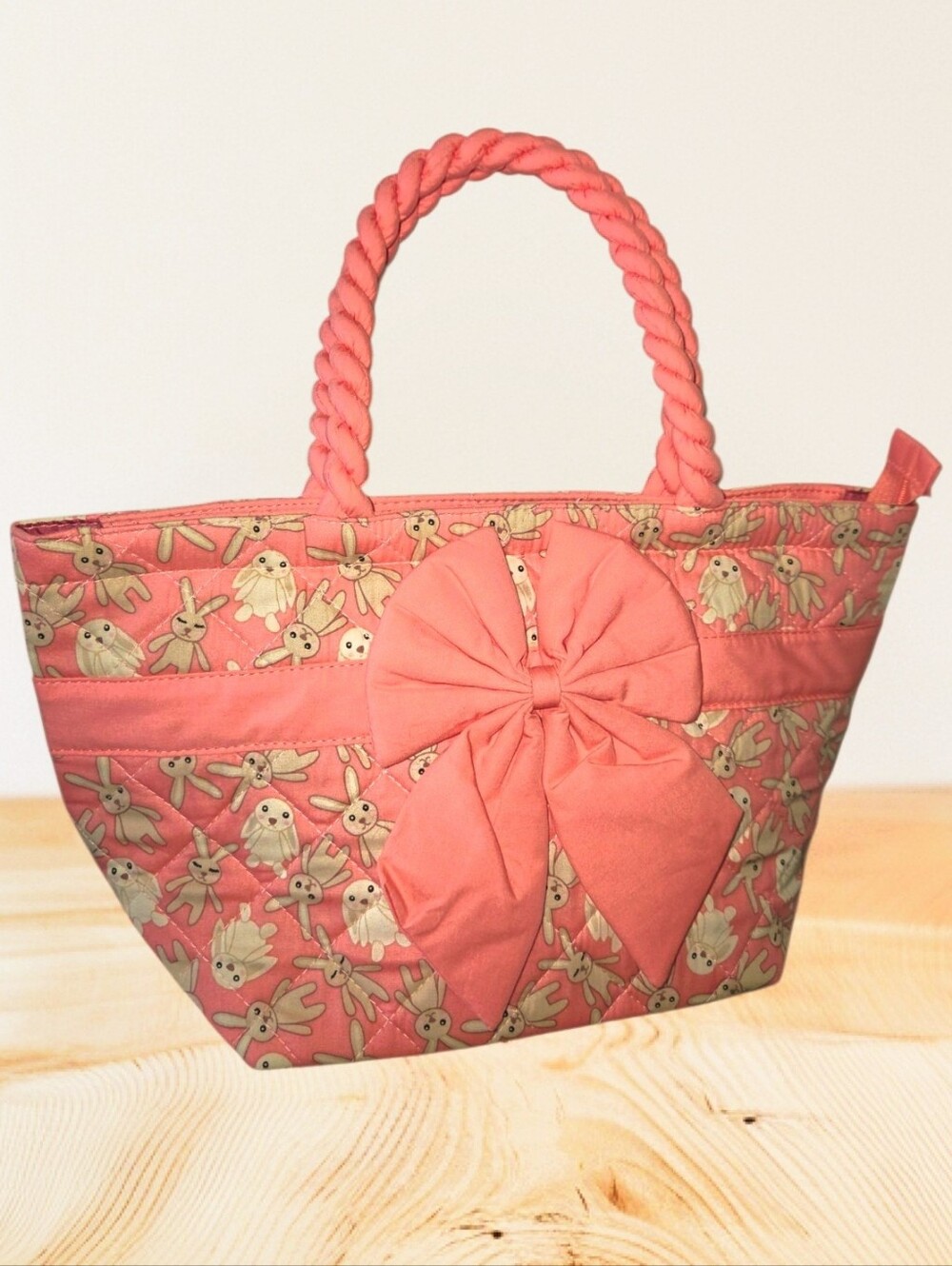 Pink Bow Quilted Tote Bag with Bunny Print